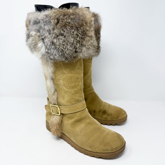 Vintage Y2K Coach Tan Suede Logo Boots w Real Fur Trim Size 6.5 Pull On Mid-Calf - Picture 1 of 11